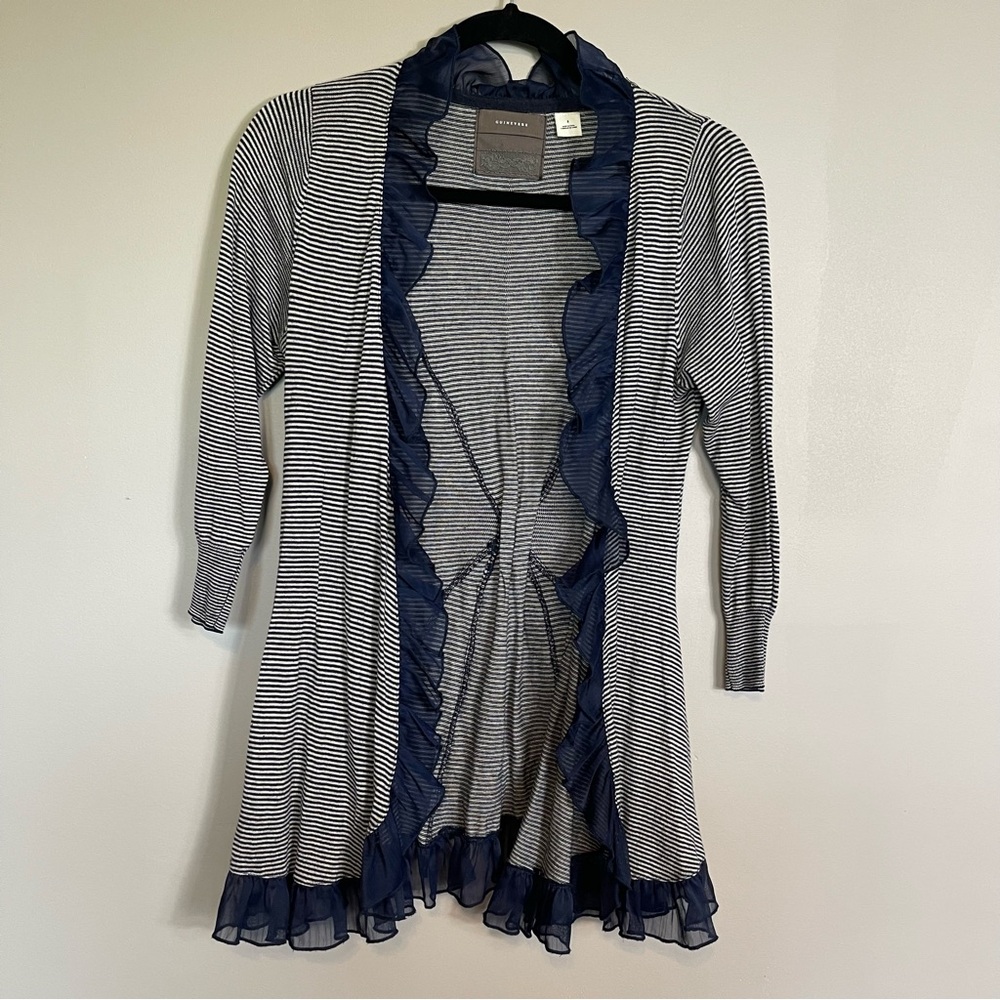 Guinevere Anthropologie Open Cardigan Size Small Gray Navy Stripes Ruffle Office